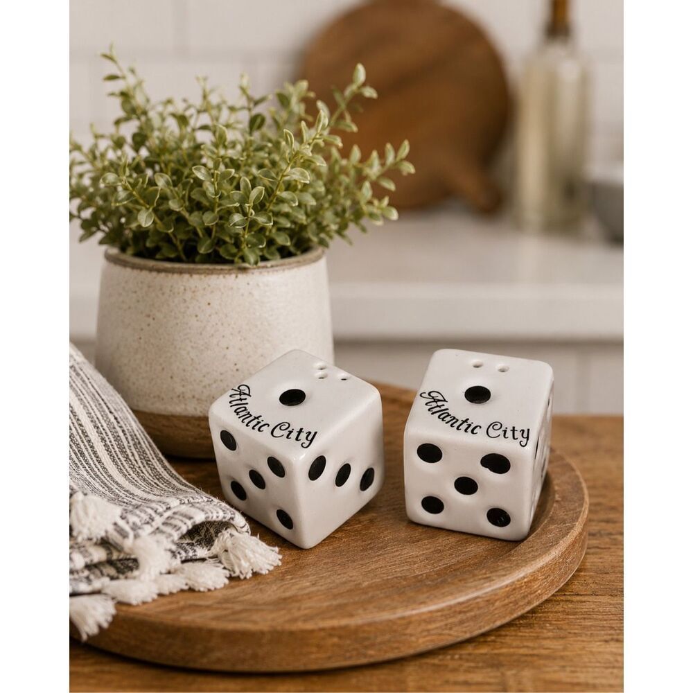 DICE Atlantic City SALT & PEPPER SHAKER SET 1.75" Porcelain Stoppers craps gamer